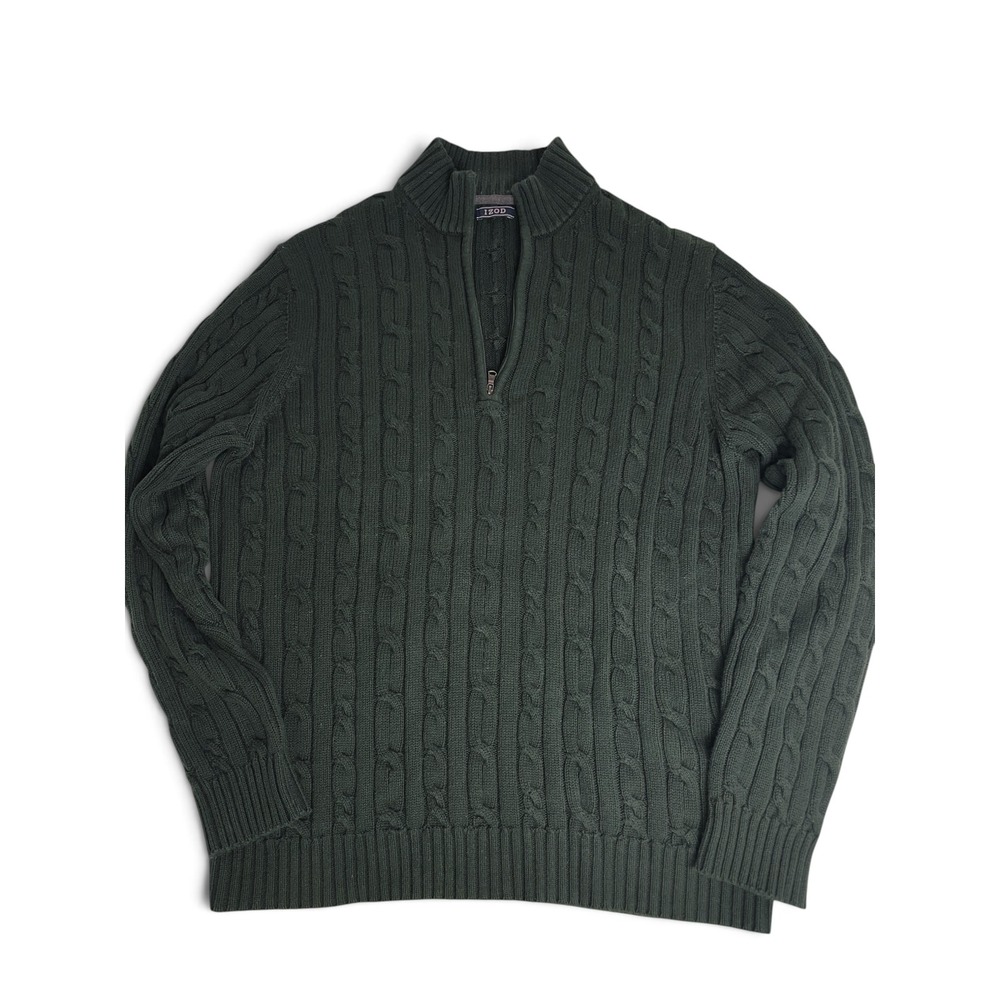 IZOD Mens Spruce Green Quarter Zip Sweater Cable Knit 100% Cotton L Preppy